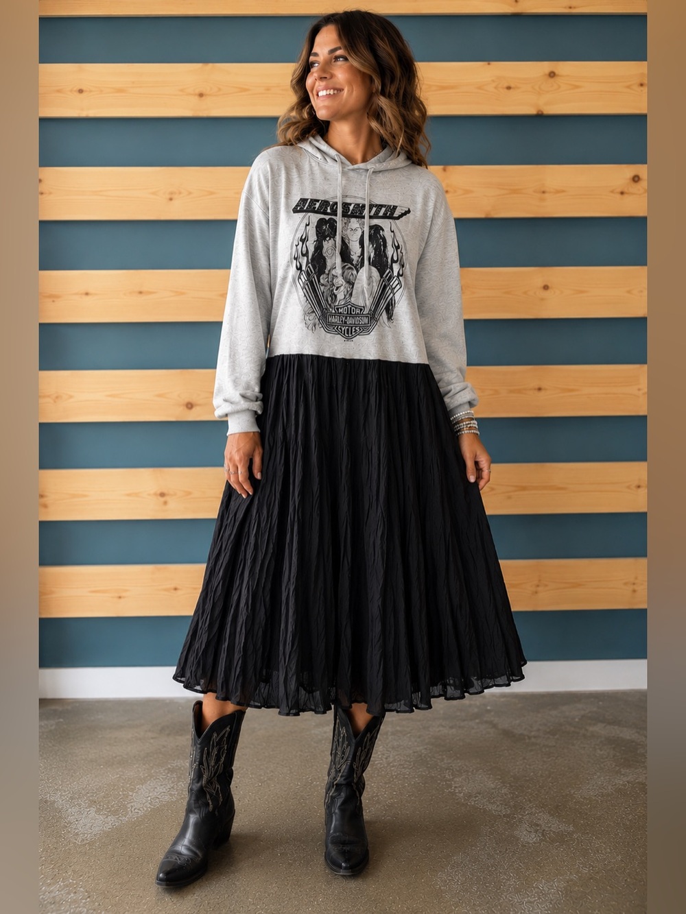 Upcycled Harley Davidson AEROSMITH hoodie dress